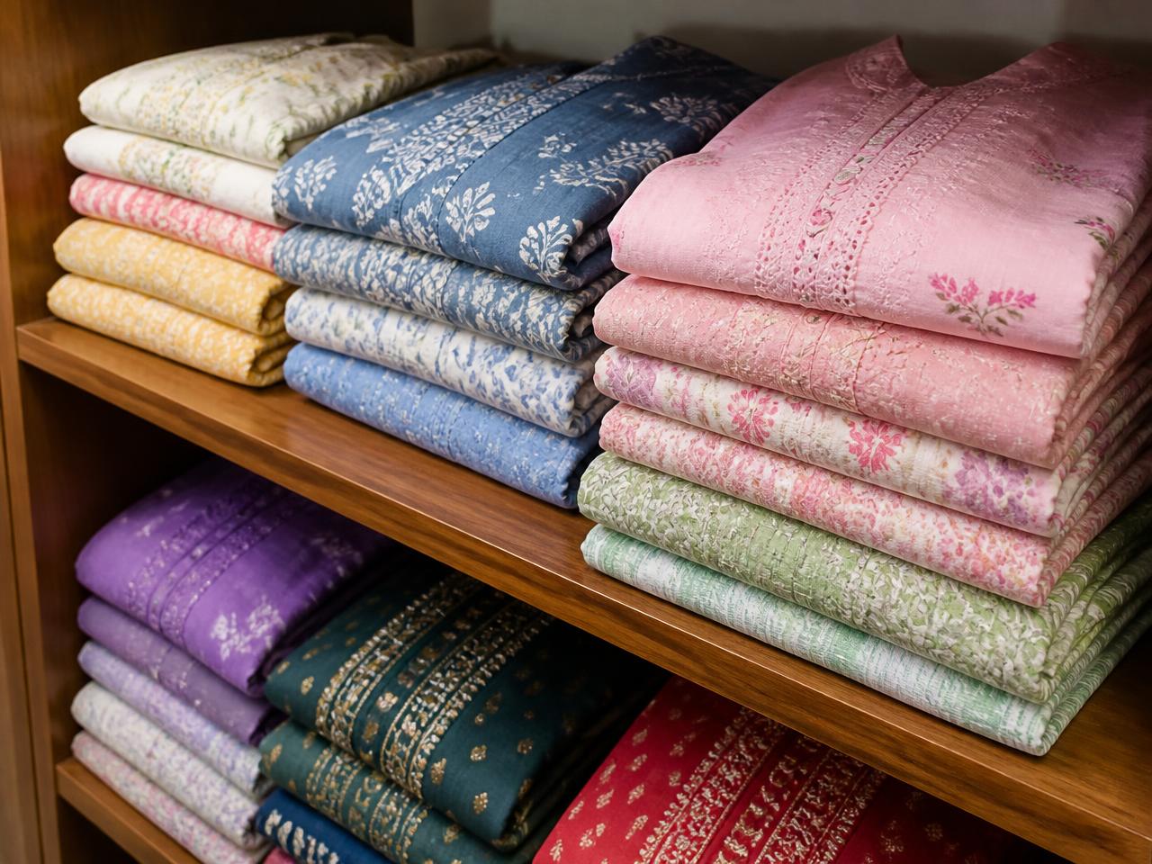 Folded stacks of cotton nighties and kurtis at AR Collections